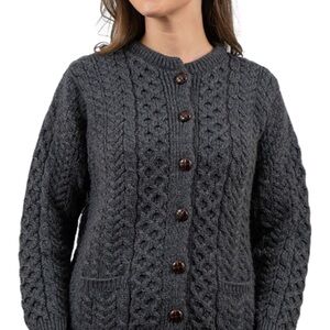Merino Wool Inis Crafts Gray Cardigan Cable Knit Sweater Button Down Large
